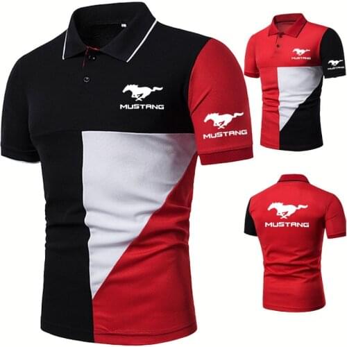 Mens short sleeve Mustang Car Logo Printing Summer Casual high quality cotton trend Splicing Raglan Mens tops polo shirt