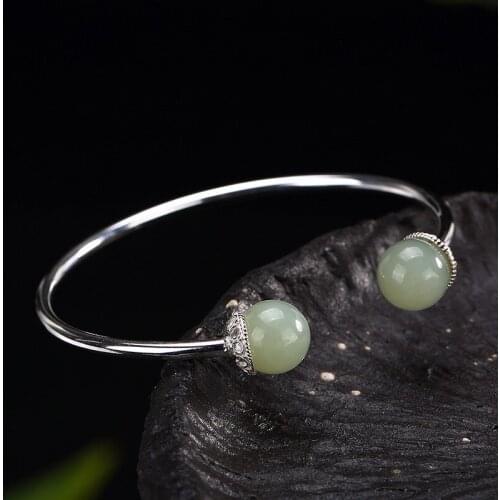 Natural open 925 sterling silver inlaid hetian jade white jade beads retro temperament simple ladies jewelry bangles