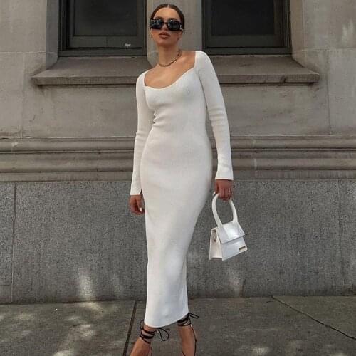 Solid Knit Long Sleeve Slim Long Dress Women Elegant Square Neck Basic Sweater Dress 2021 New Autumn Winter Vintage Party Dress