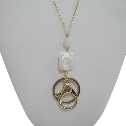 ID NECKLACE, LANYARD NECKLACE MADE OF COPPER WITH REAL 18KK GOLD PLATING , nature Rectangle baroque freshwater pearl,RICE PEARL