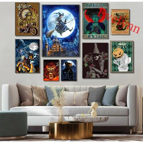 Halloween Poster,Witch Poster,Happy Halloween,Pumpkin Skeleton,Black Cat,Gothic Girl Magic,Home Decor Canvas Wall Art Print Gift