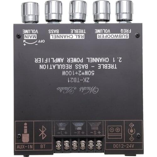 2*50W+100W Bluetooth5.0 Power Subwoofer Amplifier Board TPA3116D2 2.1Channel Class D Bass Treble HiFi Stereo Aux Amplifier Board