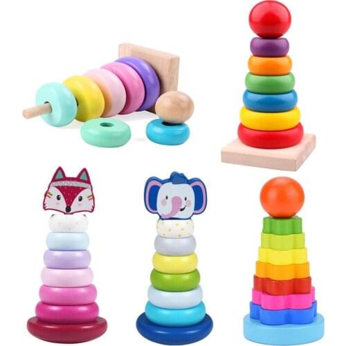 Rainbow Stacking Ring Tower Tumbler Wooden Blocks Montessori Educational Toys Cute Animal Building Construction Toys