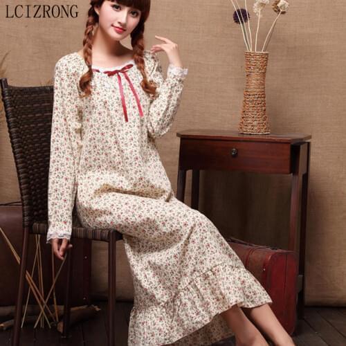 Spring Cotton Floral Women Night Dress Loose Long Sleeve Midi Sleepwear Dress Plus Size Home Clothes Nightgown