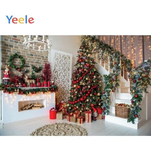 Christmas Tree Stairs Photography Backdrops Wooden Floor fireplace Portrait vinyl Photographic Background Photocall photo Studio