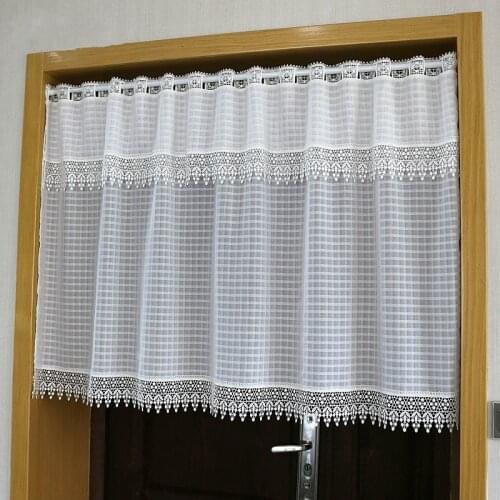 Water-Soluble Lace Hem Through Rod Curtain Fashion Short Valance White Coffee Checkered Gauze for Kitchen Cabinet Door