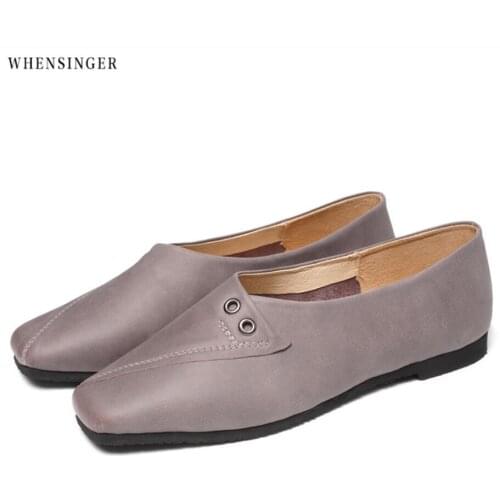 Whensinger - Vintage Elegant Fashion Comfortable Women Flat Shoes loafers Genuine Leather Casual rivet Flats Shoe