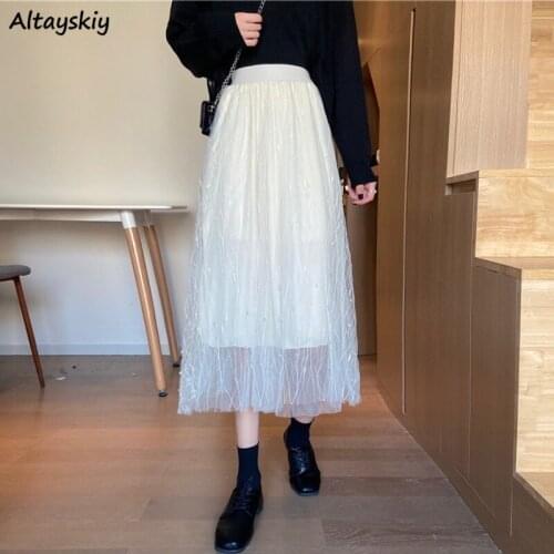 Skirts Women Embroidered Flares Elastic Waist Elegant College Korean Style Mesh Feminine All-match Spring Clothing Pure Color
