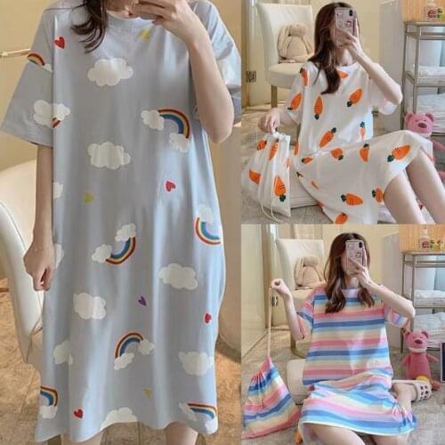 Women Plus Size Short Sleeve Dress Cartoon Duck Rainbow Carrot Print Nightgown Long Loose Sleepwear with Bag