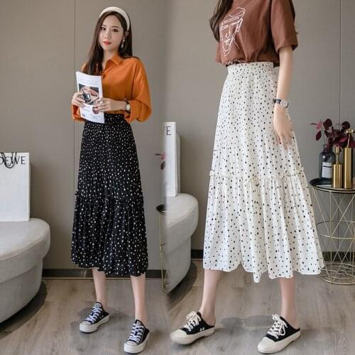 Summer Chiffon Skirt Women Dot Stitching Slim Big Swing Skirts Womens Long A-line Ruffles Skirts Female