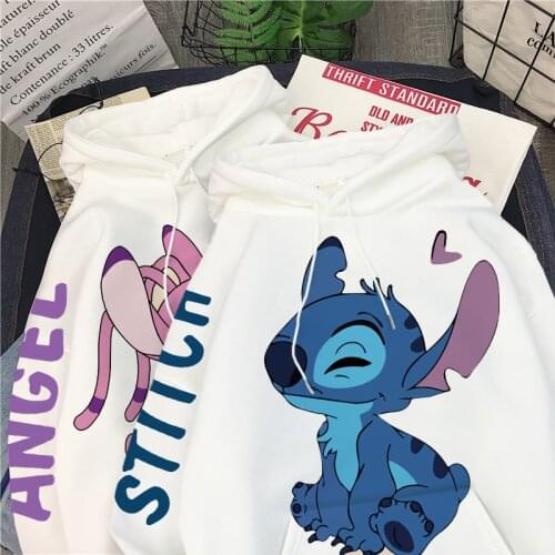 Disney Womens Hoodie Stitch Angel Cartoon Print Sweatshirt Pullover Harajuku Kokawai Unisex Womens Oversized Sweatshirt Top
