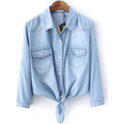 Women Spring Casual Long Sleeve Solid Tops Denim Bow Tie Hem Ladies Blouse