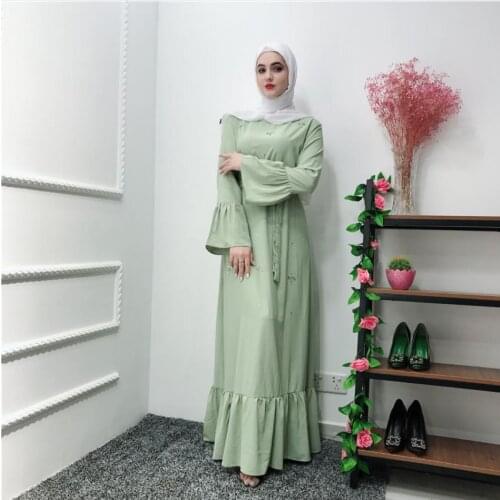 Hand made diamond beading muslim peignoir Robes syari Dubai Fashion female full length ruffles Abaya Muslim Dress with belt