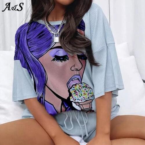 Anbenser Women 2 Pieces Sets Cartoon Print Short Sleeve T-Shirt With Shorts Loose Style O-Neck Casual Sportswear Suit For Woman