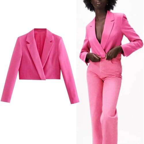 TRAF Za 2021 Cropped Blazer Women Fashion Long Sleeve Suit Jackets Collared Short Blazer Woman Streetwear Female Blazer