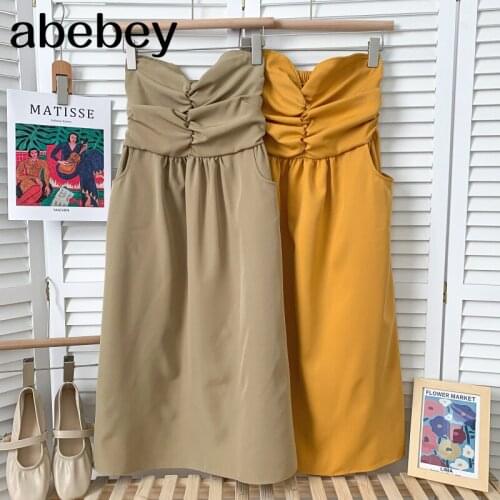 2021 New Summer Sexy versatile off shoulder slash neck Dress ruched high waist slim solid chest wrapped Dress