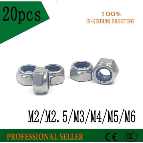 20pcs DIN985 M2 M2.5 M3 M4 M5 M6 carbon Steel Nylon Insert Hex Lock Nuts A2 Hexagon Nyloc Self Locking Nut