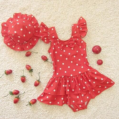 2021 Dots Baby Girls One Piece Swimsuit Cap Cute Toddler Swimwear Sport Beach Children Summer Clothes Outdoor Kids Bathing Suits