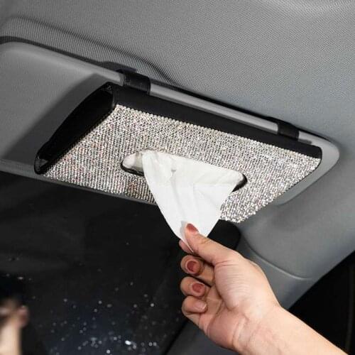 Bling Bling Car Sun Visor Tissue Box PU Leather Tissue Case Holder Hand-Made Sparkling Crystal Auto Napkin Holder For Women