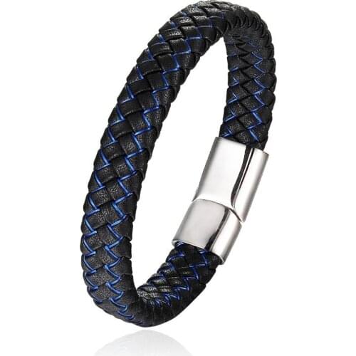 Hot Jewelry Punk Black Blue Braided Leather Bracelet for Men Stainless Steel Magnetic Clasp Fashion Bangles Women Gifts Pulsera