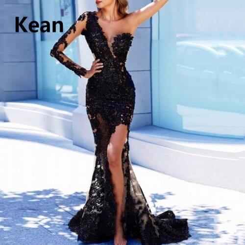 Black Muslim Evening Dress One Sleeve Mermaid Applique Slit Illusion Islamic Dubai Kaftan Saudi Arabic Evening Gown Prom Dress