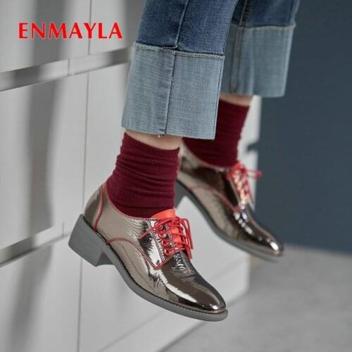 ENMYALA 2020 Lace-Up Casual Genuine Leather Wedding Shoes Square Heel Luxury Shoes Women Designers Round Toe Ladies Shoes 34-39