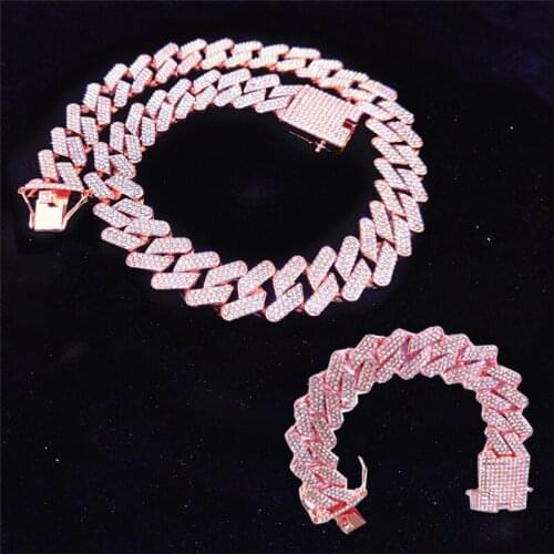 2pcs Kit Hip Hop 20MM Bling Iced Out 3 Row Full Rhinestones Gold Cuban Link Chain Bracelet Necklace For Men Women Jewelry