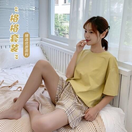 Plaid Ice Cream Suit Summer New Korean Style Short Sleeve Shorts Home Wear Two-Piece Set Loose Cotton Pajamas for Women