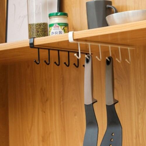 Kitchen Seamless Nail-free Hook 6 Hooks Wrought Iron Cabinet Storage Rack Multi-function Hook Wardrobe Organizer kitchen items