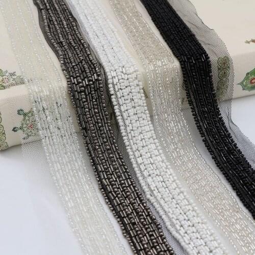 2Yards White Grey Beading Pearl Trims Beaded Ribbon For Sewing Clothing Collar Headdress Accessories Black Mesh Lace Decoration