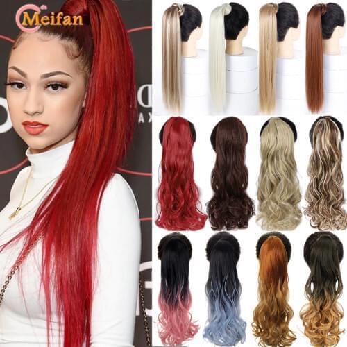 MEIFAN Long Straight/Curly Ombre Ponytail Hairpiece Natural Fake Velcro Wrap Clip-on Ponytail Extensions Synthetic Afro Ponytail