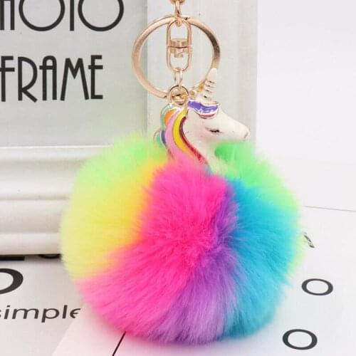 10pcs/lot Girls Fashion Jewelry Party Favors Keychains Rainbow Cute Unicorn Fluffy Balls Key Ring Baby Shower For Women Bags