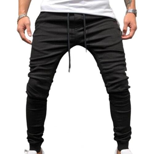 Men Pants Fashion Drawstring Solid Color Skin-friendly Breathable Men Jeans Denim Mid Waist Ankle Banded Pencil Jeans Trousers