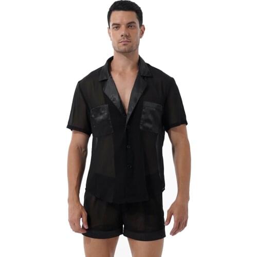 Men Short Sleeve Transparent Pajama Sets Patchwork Sissy Nightwear Homewear Lapel Button Casual Shirts Tops with Stretchy Shorts
