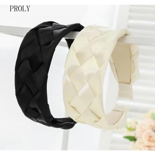 PROLY New Fashion Women Headband Wide Side Black White Hairband Solid Color Braid Turban Casual Hair Accessories