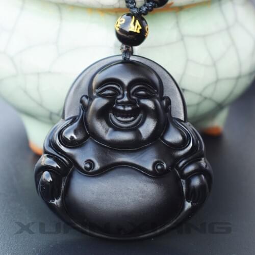 Drop Shipping Mens Necklace Pendant Black Obsidian Maitreya Laughing Buddha Big belly Buddha Pendant for Females Fine Jewelry
