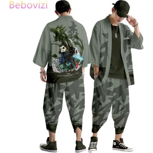 Plus Size S-6XL Camouflage Japanese Kimono Suit Women Men Cosplay Yukata Clothing Harajuku Samurai Cardigan Tops + Pants Sets