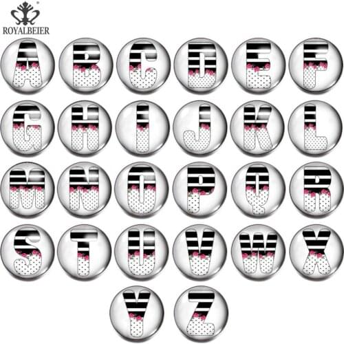 ROYALBEIER Mixed 18mm Snap Button Jewelry 26 Alphabet Letters Round Glass Cabochon Fit Handmade Jewelry Women Accessories ga0002