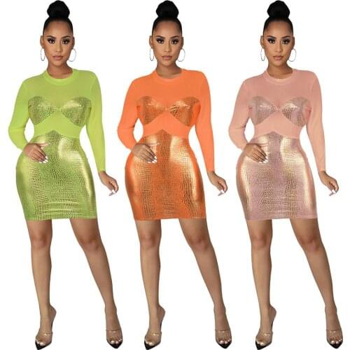 Spring Autumn Bronzing Mesh Patchwork Mini Dress Women Long Sleeve O-Neck Sexy Slim Package Hip Bodycon Night Club Party Vestido