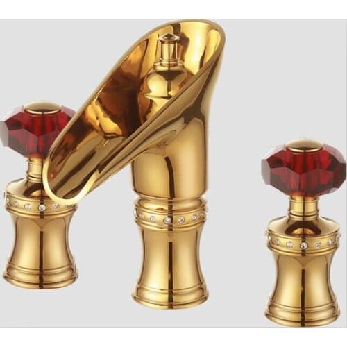 Free shipping Gold 8" WIDESPREAD LAVATORY BATHROOM SINK FAUCET WINE RED Crystal handles knobs Mixer faucet