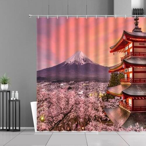 Japan Fuji Cherry Blossoms Flowers Scenery Shower Curtains Spring Plants Forest Landscape Home Bathroom Decor Waterproof Curtain