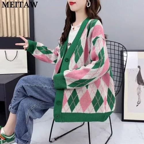 Women Harajuku Plaid Print Sweaters Casual Female Loose Knitted Cardigan Tops 2021 Plus Size Vintage Long Sleeve Outerwear Coat