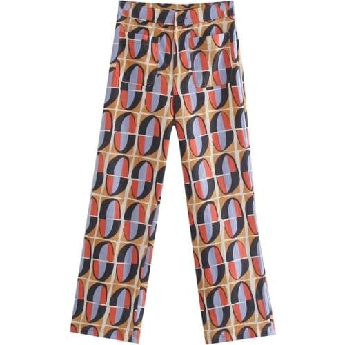 MESTTRAF Women 2021 Fashion With Pockets Geometric Print Pants Vintage High Waist Zipper Fly Female Ankle Trousers Streetwear