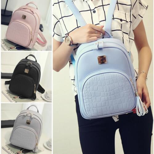 Woman mini Black Backpack Girls Faux Leather Crocodile pattern metal applique Ribbons Rucksack Travel School Bag
