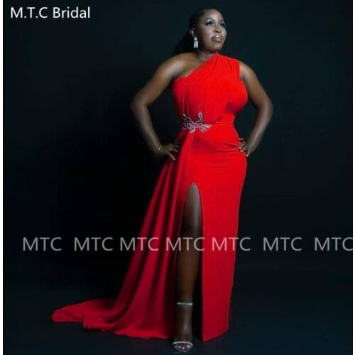 Red Long South African Bridesmaid Dresses One Shoulder Side Slit Appliques Satin Black Women Wedding Party Dress Plus Size
