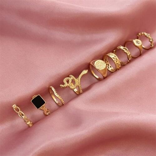 Punk Snake Finger Ring Set for Women Gothic Silver Color Women Black Square Butterfly Skull Heart Ring Jewelry