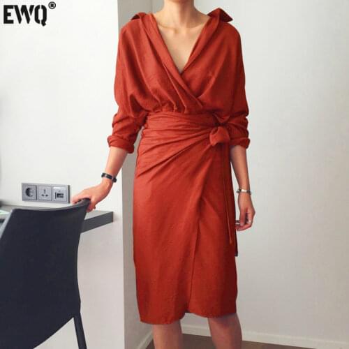 [EWQ]2021 Summer New Beach Dress V Neck Long Sleeve High Waist Elegent 1 Dresses Bandage Straight Casual Laider Clothing