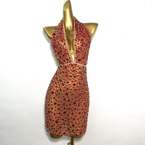 Red Rhinestone Transparent Backless Dress Prom Birthday Costume Outfit Women Dance Evening Celebrate Mesh Sexy Dress