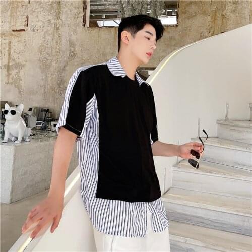 2021 summer Korean style Personalized Shirt collar design T shirts men casual loose striped Tee shirts for men M-XXL