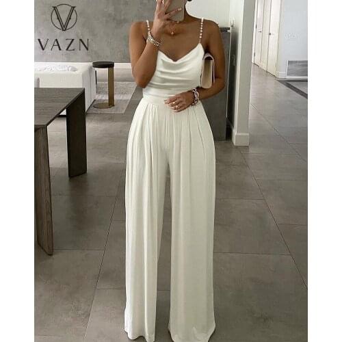 VAZN 2021 Beading Chic Ladies Slim Spaghetti Strap Holiday Chiffon Sexy Solid Elegant Joker Women Loose Wide Leg Jumpsuits